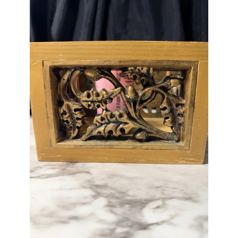 Heavy Solid Wood Decorative Box w/ Carved Acorn & Oak Leaf Panels 6×5×4.5 (2757)